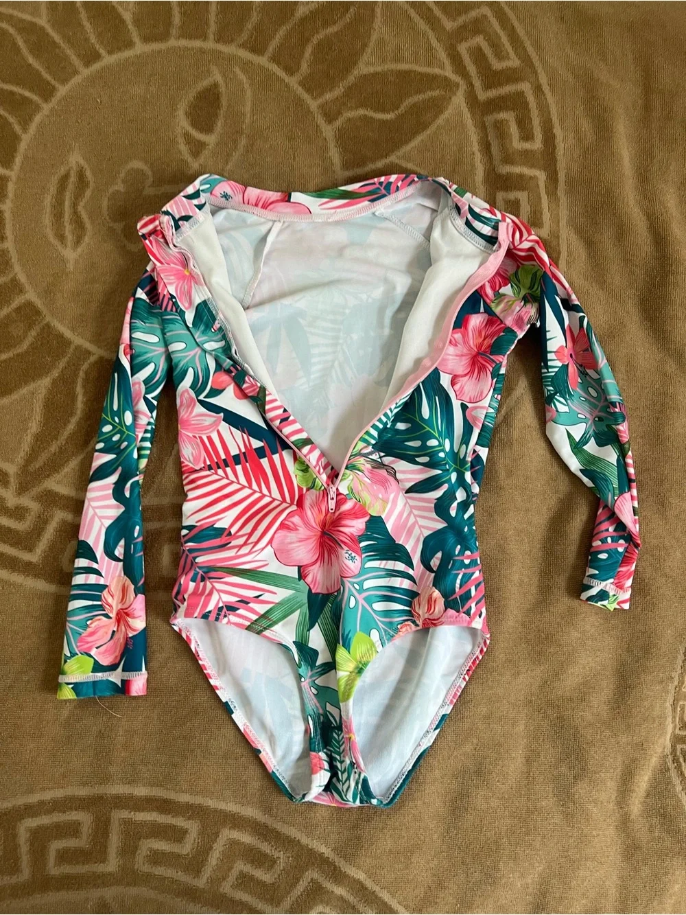 Kids Long-Sleeve Tropical Floral Rash Guard Swimsuit - Pink & Green